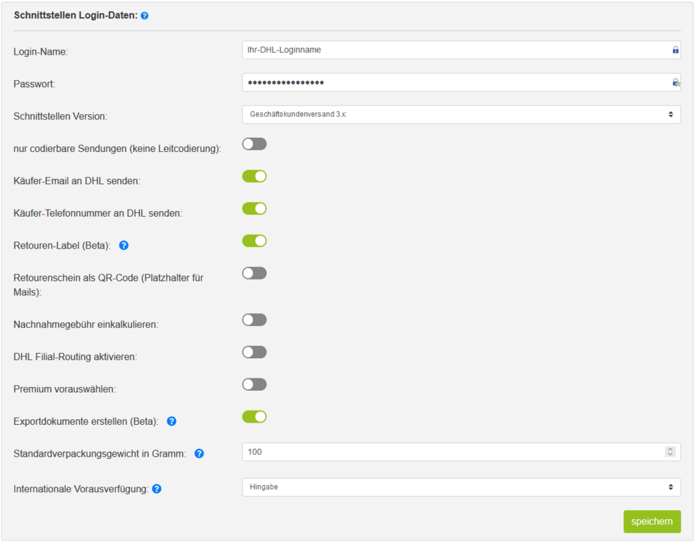 DHL Einstellungen