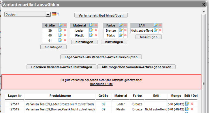 Hinzufügen von Variantattributen in DreamRobot