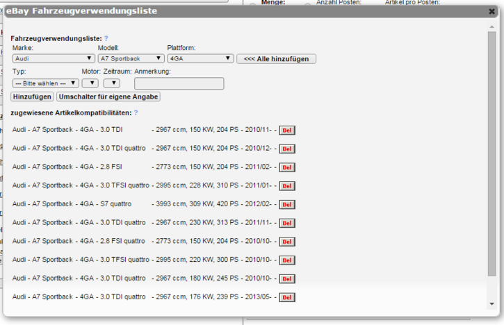 eBay-Fahrzeugverwendungslisten in DreamRobot