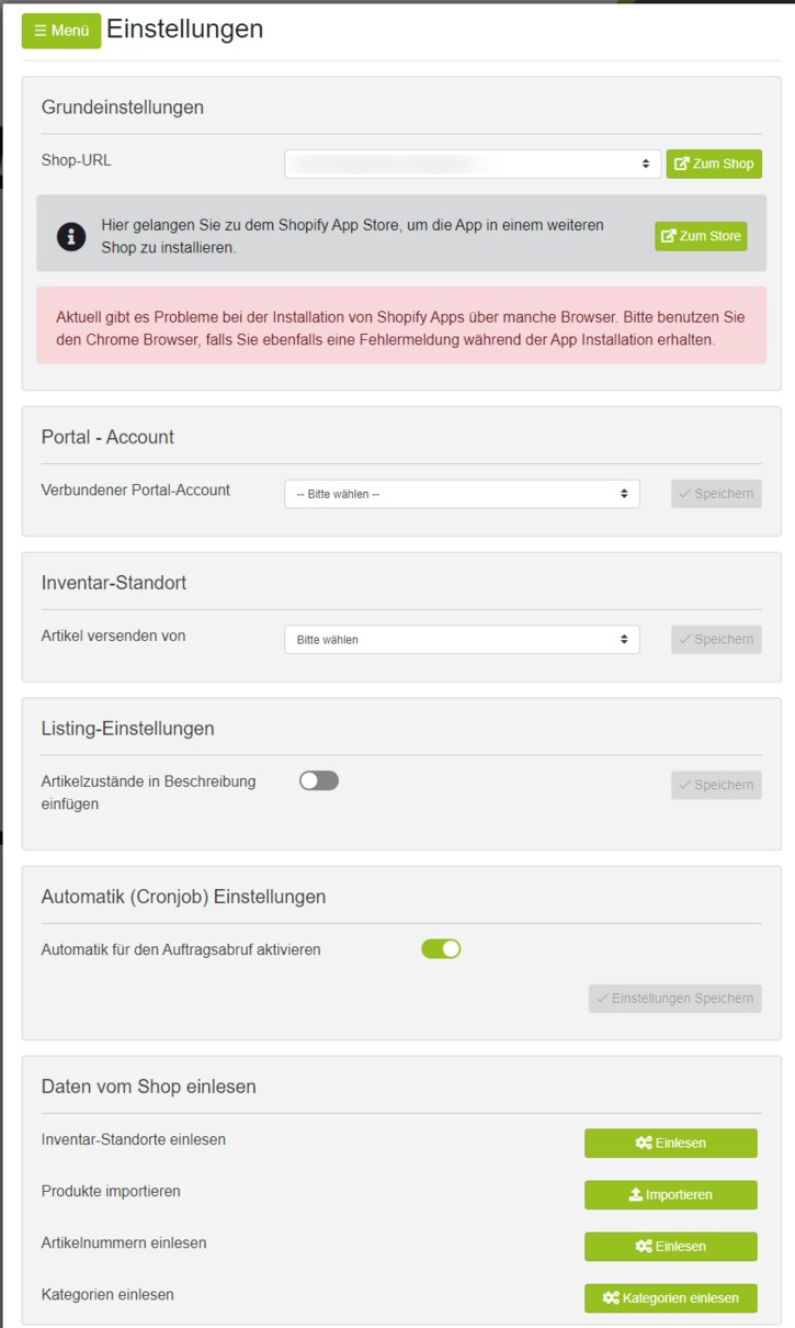 Shopify App Einstellungen