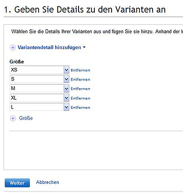 Variantenartikel bei eBay