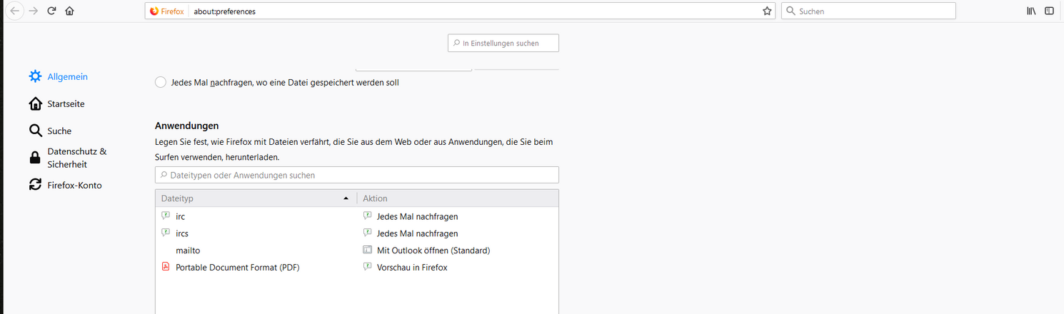 Firefox Settings zur PDF Anzeige