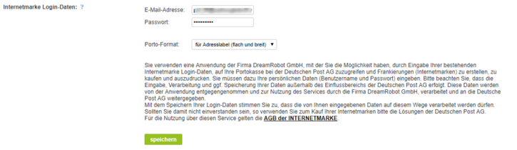 Eingabe der Internetmarke Zugangsdaten