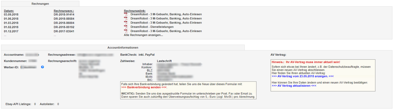 Rechnungs- und Kontoinfo in DreamRobot
