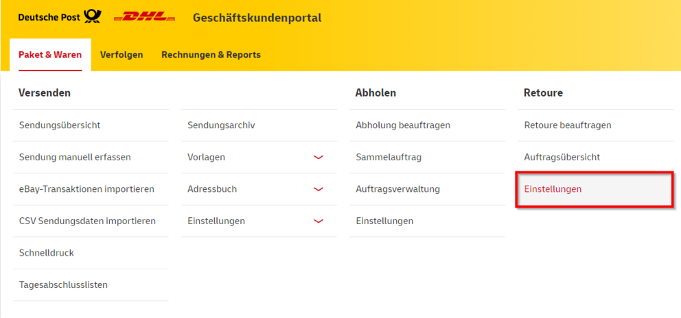 DHL Retourenportal Einstelungen