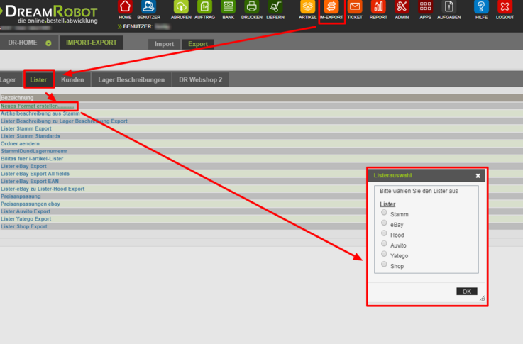 Export-Listerwahl in DreamRobot