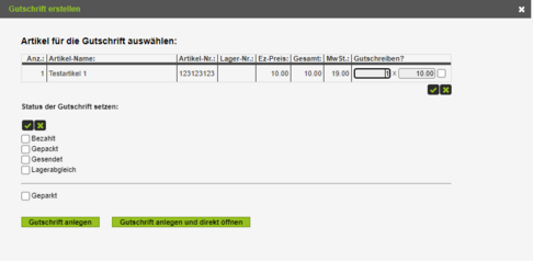Gutschrift Artikel auswählen