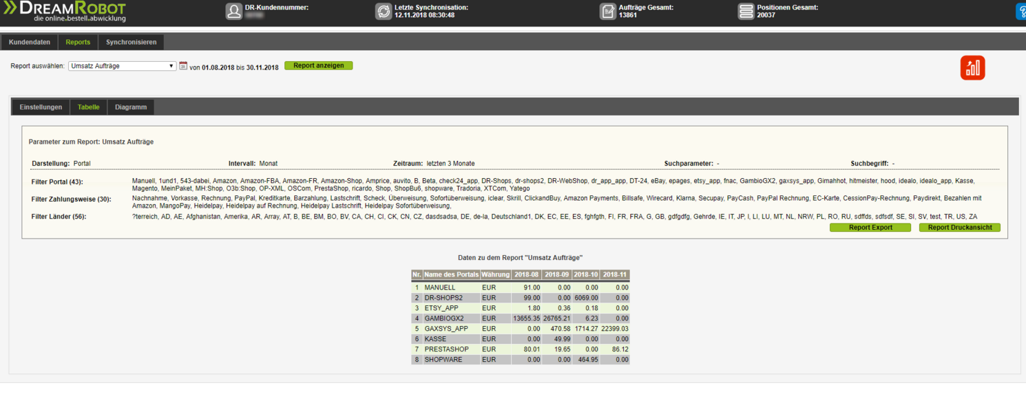 Hauptbereich der Report-Funktion