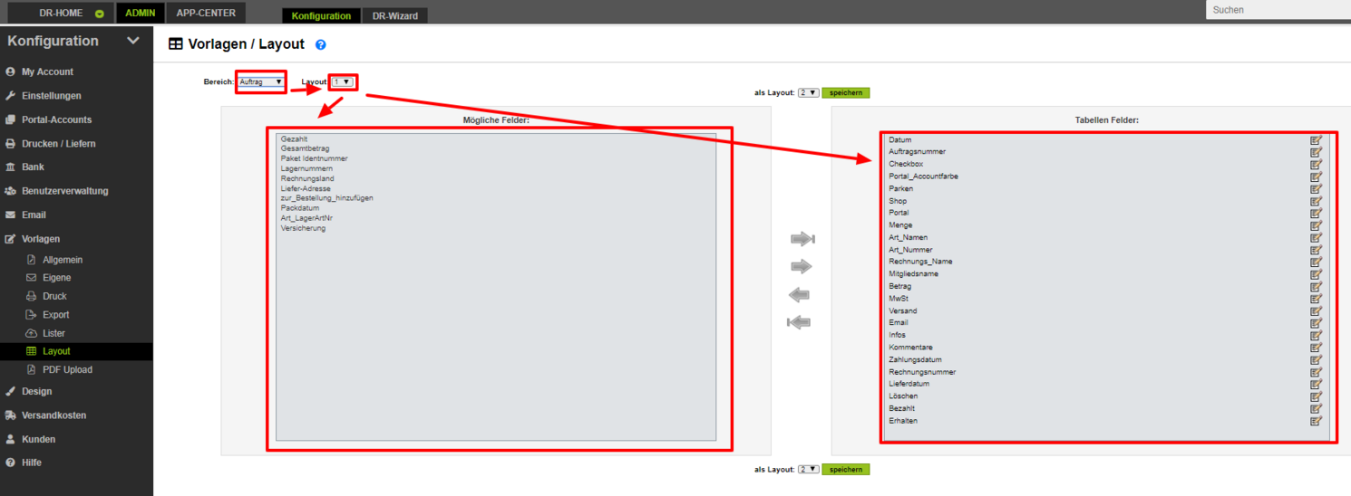 Auswahl der Layouts in DreamRobot