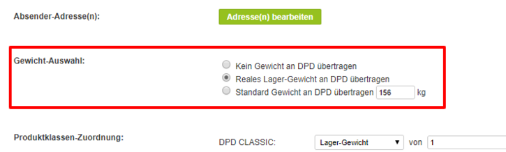 Gewichtsauswahl für DPD in DreamRobot