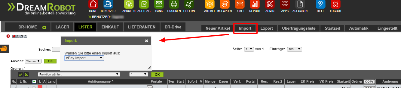 eBay-Import bei DreamRobot
