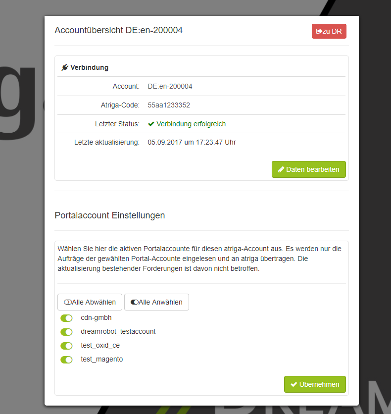 Einstellungsseite der atriga App